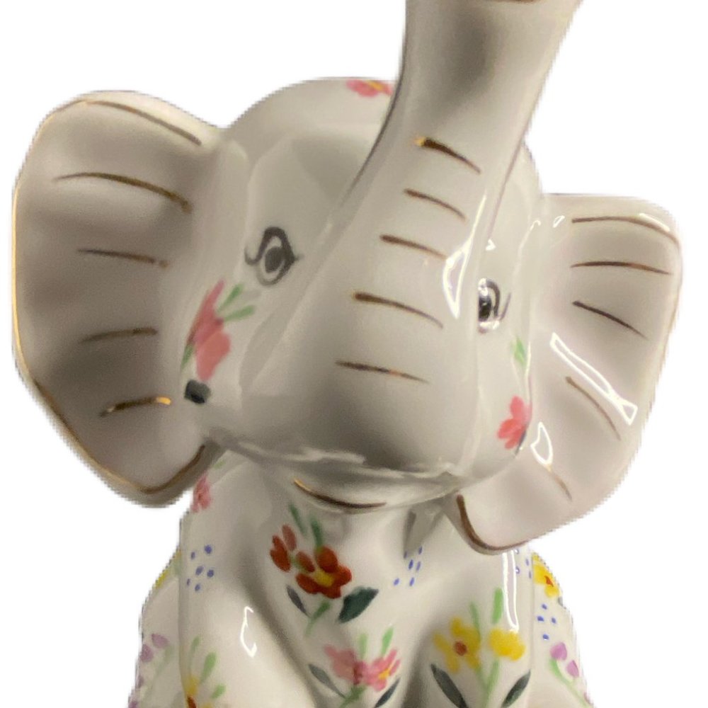Porcelain Elephant With 10K Gold Formalities by Baum Bros Handpainted Flowers